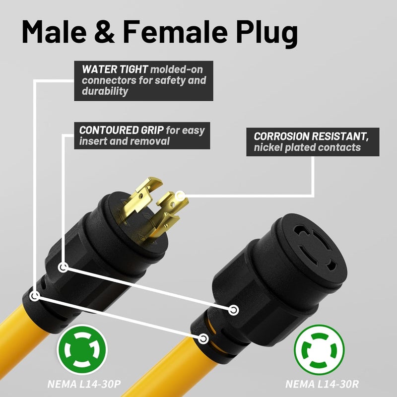 Vockjour 15FT 30 Amp Generator Cord, Outdoor Heavy Duty 4 Prong Extension Cord with Twist Lock, NEMA L14-30P/L14-30R, 30A 125/250V, 10 Gauge, STW, for Home Emergencies, RVs, ETL Listed, Yellow - Image 2